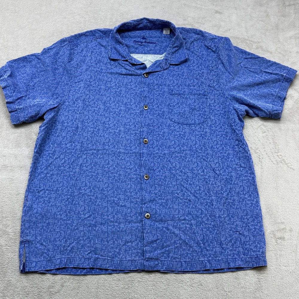 VTG Tommy Bahama Button Up Shirt Mens XXL Blue Silk Geometric Camp Short Sleeve